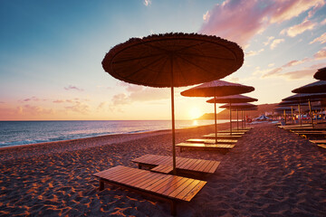 Beautiful landscape. Traveling by Turkey. Sea Beach with sunloungers and umbrellas.