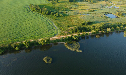 Aerial view of a beautiful green coast with a road near the sea