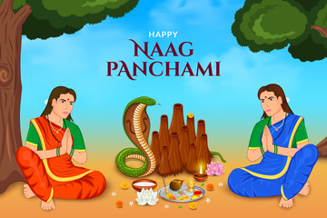 Woman doing puja Happy Naag panchami - obrazy, fototapety, plakaty