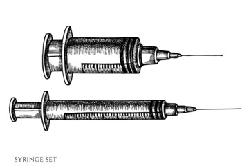 Vector set of hand drawn black and white syringe