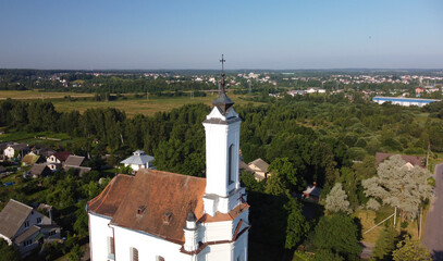 Aerial view of the vintage old church of medieval European architecture