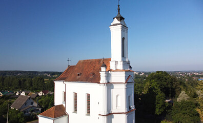 Aerial view of the vintage old church of medieval European architecture