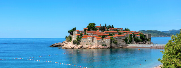 Picturesque panorama of Sveti Stefan resort-island, Montenegro, Adriatic sea, Europe