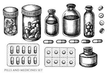 Vector set of hand drawn black and white pills and medicines