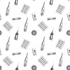 Seamless pattern with black and white vial of blood, pills and medicines, medical thermometer, coronavirus rapid test, coronavirus bacteria cell, syringe