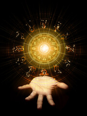 Zodiac signs inside of horoscope circle. Astrology in the sky with many stars and moons astrology...