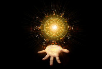 Zodiac signs inside of horoscope circle. Astrology in the sky with many stars and moons astrology...