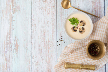 Mushroom cream soup on a table, food