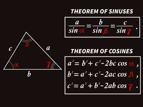 vector illustration depicting a triangle with sine and cosine theorem formulas for prints on educational posters, banners, teaching aids as well as for the design of math classes