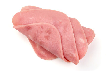 Sliced boiled ham sausage, isolated on white background. High resolution image.