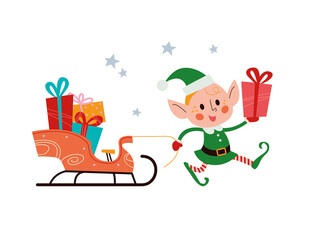 Cute little Santa elf character with sleigh full of gift boxes and presents isolated. Vector flat cartoon illustration. For Christmas card, pattern, banner, sticker, tag etc.