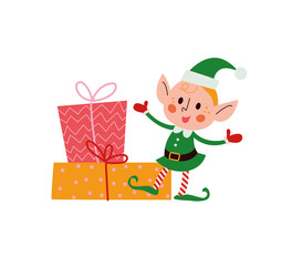 Cute little Santa elf characters with pile of gift boxes isolated. Vector flat cartoon illustration. For Christmas cards, patterns, banners, stickers, tags etc.
