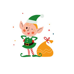 Cute little Santa elf character smiling and winking at presents bag isolated. Vector flat cartoon illustration. For Christmas cards, patterns, banners, stickers, tags etc.