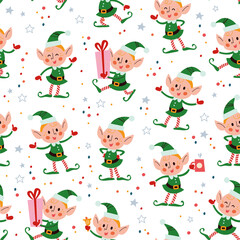 Obraz na płótnie Canvas Seamless pattern with funny santa elves characters in hats with gift box, ring bell, hot chocolate cup. For Christmas cards, invitations, packaging paper etc. Vector flat cartoon illustration.