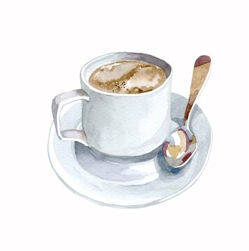 Cup of coffee with spoon watercolor isolated on white background illustration for all prints.