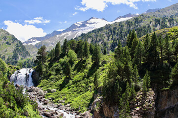 Main view of forau d'Aigualluts, an amazing spot where the water from melted Aneto's glacier goes underwater to sera river, Benasque, Spain.