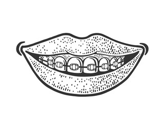 Dental braces smile line art sketch engraving vector illustration. T-shirt apparel print design. Scratch board imitation. Black and white hand drawn image.