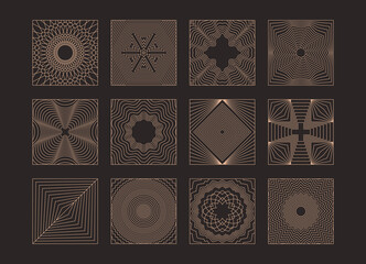 Abstract linear vector illustrations, boho logo design templates collection. Trendy minimal thin line icons. Vector emblems for graphic prints, company logotypes, branding elements. Editable strokes. © Nubenamo