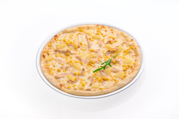 Pizza with chicken and pineapples isolated on white background. Mockup pizza for menu and website. High quality photo