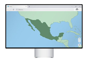 Computer monitor with map of Mexico in browser, search for the country of Mexico on the web mapping program.