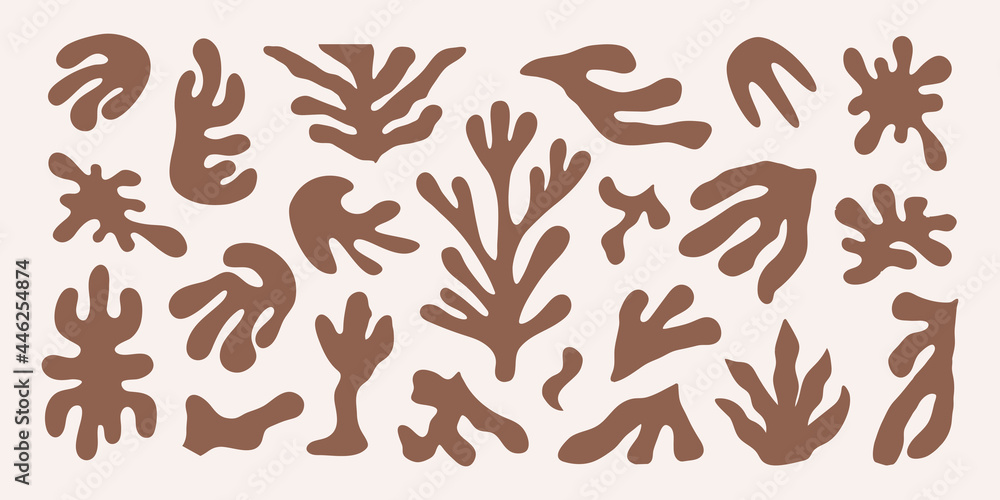 Poster modern set of abstract brown organic shapes. contemporary minimal elements for creating logos, patte