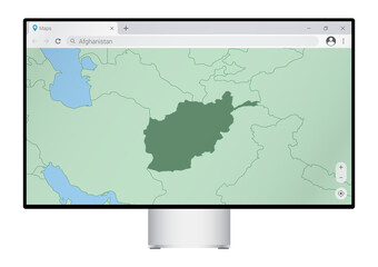 Computer monitor with map of Afghanistan in browser, search for the country of Afghanistan on the web mapping program.