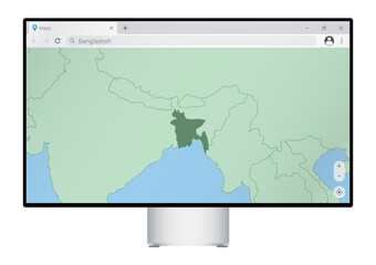 Computer monitor with map of Bangladesh in browser, search for the country of Bangladesh on the web mapping program.