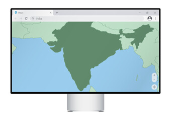 Computer monitor with map of India in browser, search for the country of India on the web mapping program.
