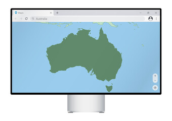 Computer monitor with map of Australia in browser, search for the country of Australia on the web mapping program.