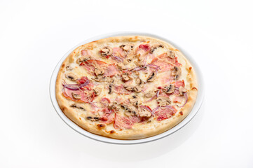 Pizza with ham and mushrooms isolated on white background. Mockup pizza for menu and website. High quality photo