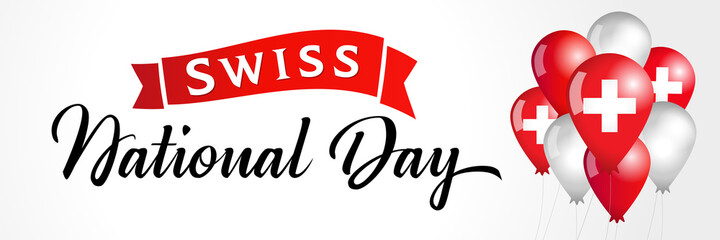 Swiss National Day lettering with balloons and flags. August 1, Switzerland national day vector illustration. Editable design for greeting card, poster and banner