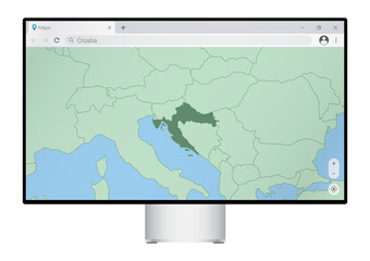 Computer monitor with map of Croatia in browser, search for the country of Croatia on the web mapping program.