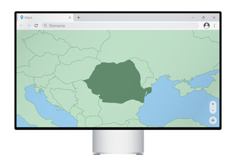 Computer monitor with map of Romania in browser, search for the country of Romania on the web mapping program.