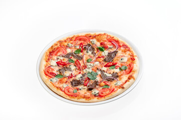 Pizza with beef, tomatoes and chili isolated on white background. Mockup pizza for menu and website. High quality photo