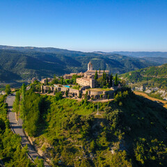 Aerial view of the typical spanish old village in the middle of the mountains.