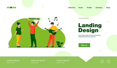Happy guy proposing marriage to woman. Guitar, girlfriend, lover flat vector illustration. Love and relationship concept for banner, website design or landing web page