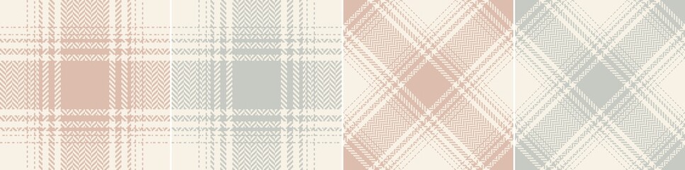 Plaid pattern set in grey, beige, pink. Herringbone textured seamless ombre tartan check vector graphics for flannel shirt, skirt, scarf, other modern spring summer autumn winter fashion fabric print.