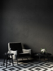 Black interior with leather armchair and decor. 3d render illustration mockup.