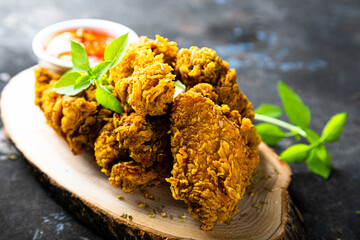 Crispy fried chicken wings with sauce