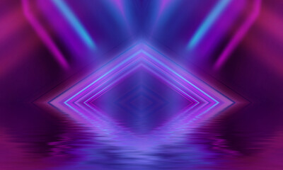 Abstract background. Neon multicolor light reflects off water. Beach party, light show. Blurry lights glisten on the surface. 3d illustration