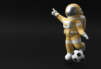 3d Render Spaceman Astronaut Hand Pointing Finger Gesture with Football  3d illustration Design.