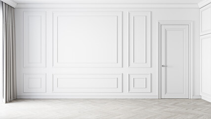 Classic empty white interior blank wall with moldings. 3d render illustration mockup.