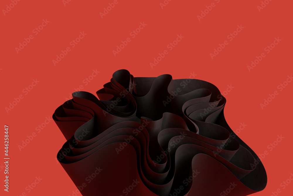 Poster 3d render a black abstract wavy form on a red background. wallpaper with 3d objects in a creative wa