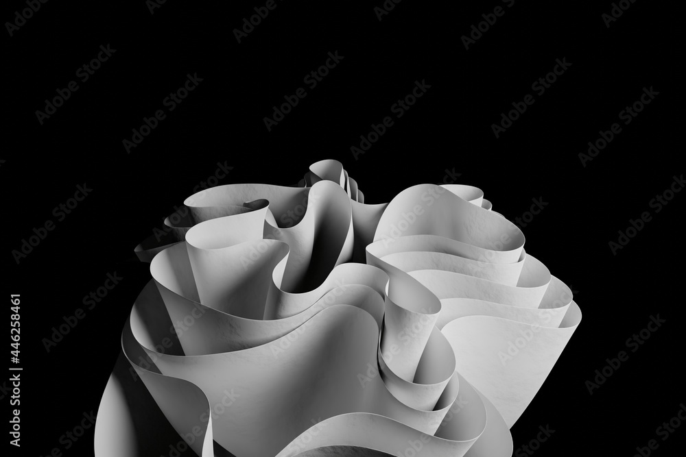 Poster 3d render a white abstract wavy form on a black background. wallpaper with 3d objects in a creative 