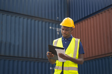 African worker holding document, walking and checking the containers box from cargo ship for export...