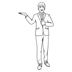 businessman holds up the empty palm. comic, online, monochrome.