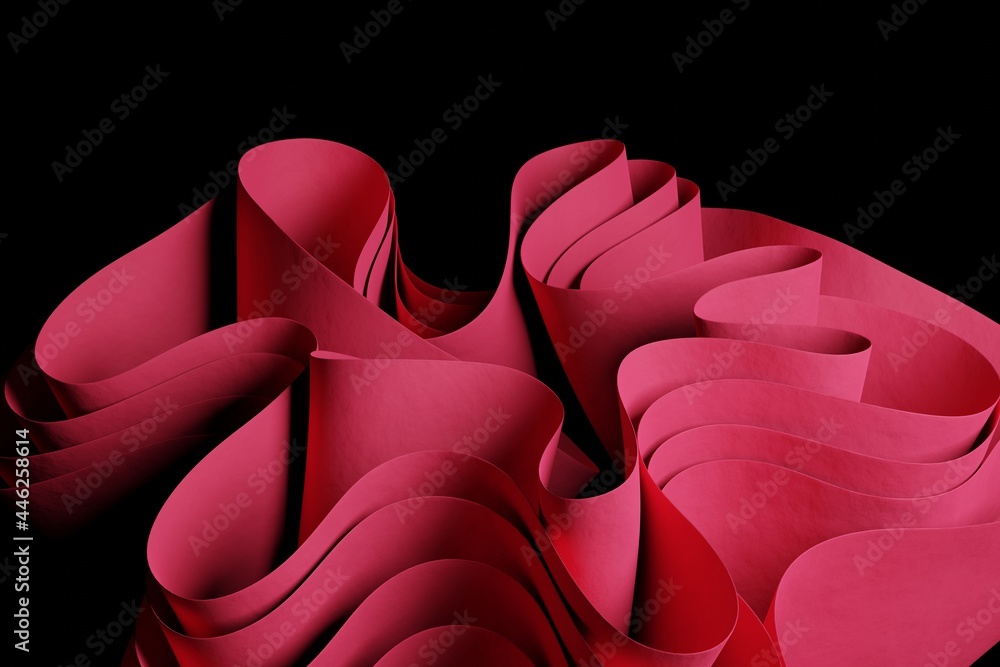 Poster 3d render a pink abstract wavy figure on a black background. wallpaper with 3d objects