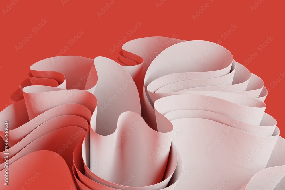 Poster 3d render a white abstract wavy figure on a red background. wallpaper with 3d objects
