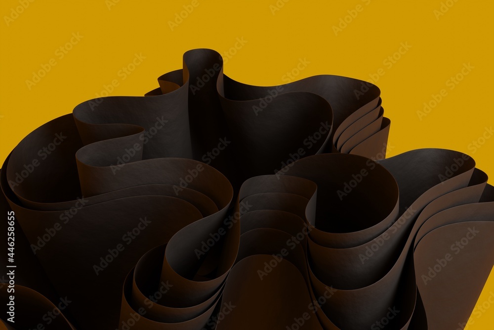 Poster 3d render a black abstract wavy figure on an orange background. wallpaper with 3d objects