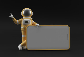 Astronaut Hand Pointing Finger smartphone blank screen template. abstract trendy fashionable mockup. 3D rendering of blank phone mobile app.